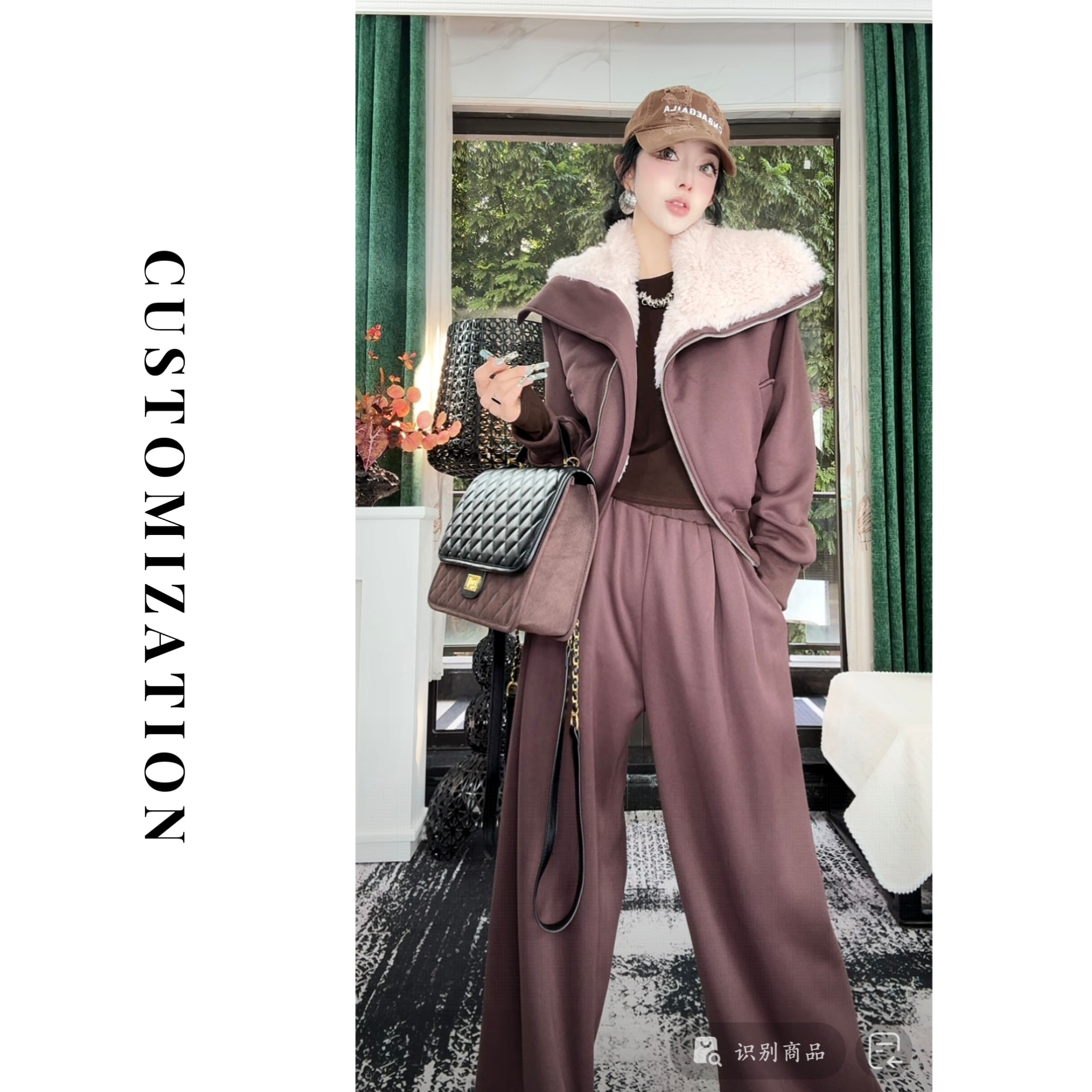 2025冬款套装大翻领加厚加绒下摆收腰上衣搭配高腰直筒长裤9640