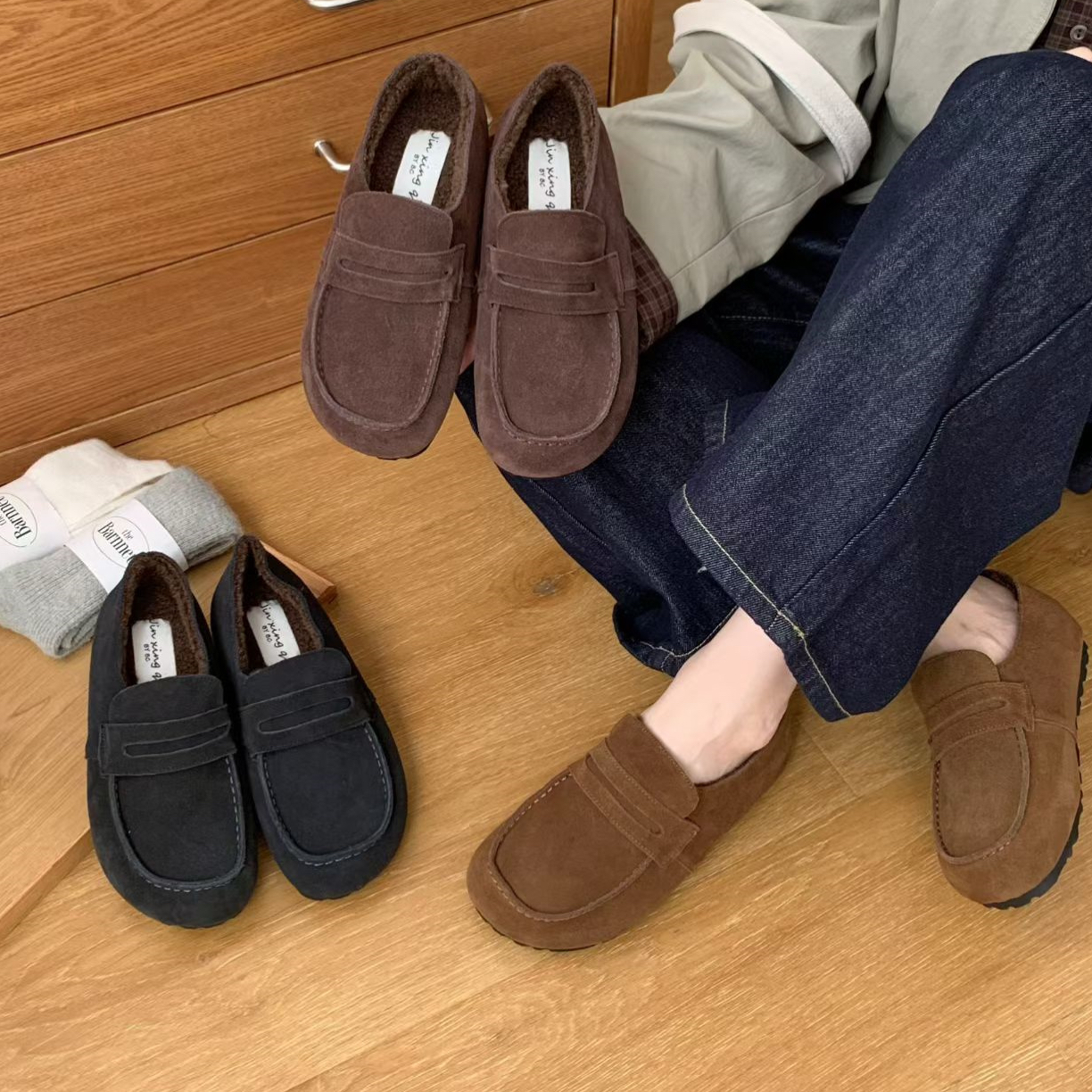 复古磨砂真皮厚底加绒保暖全包勃肯棉鞋秋冬新款文艺风休闲乐福鞋
