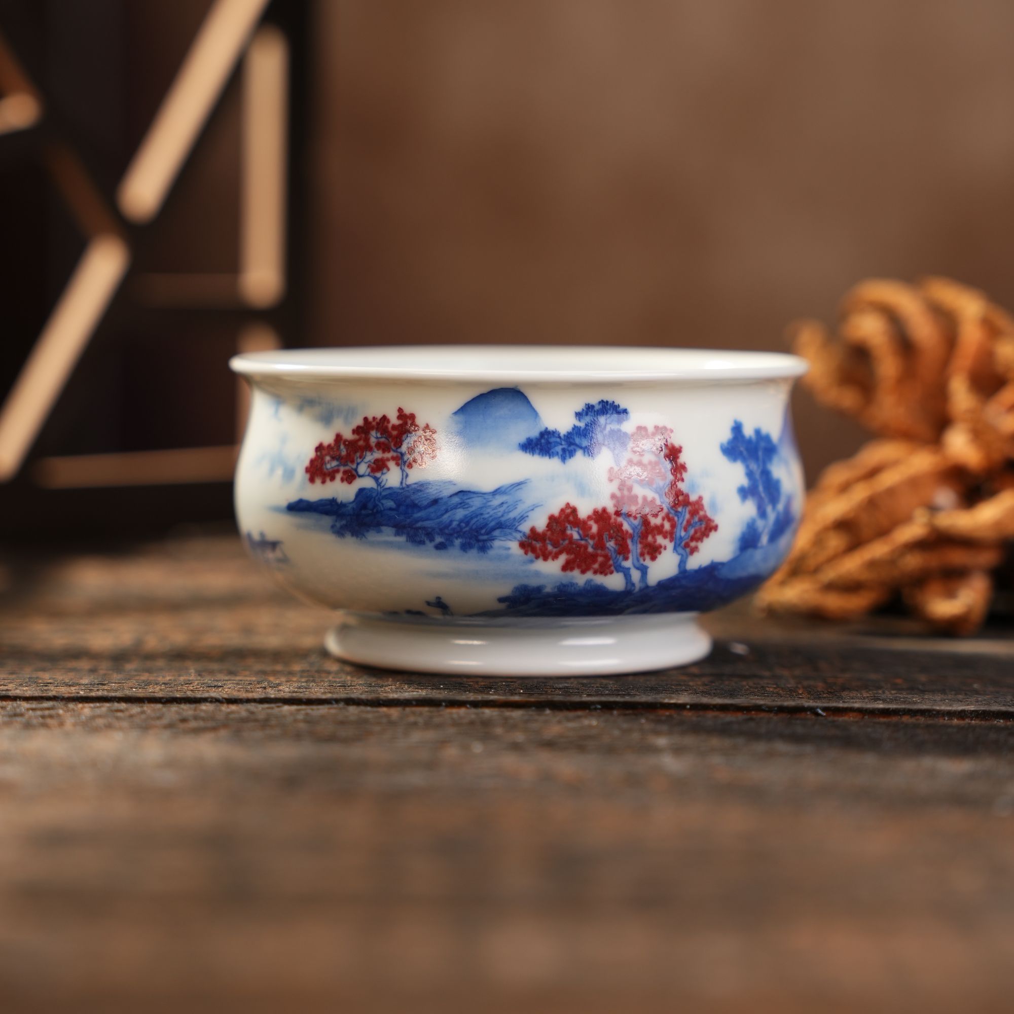 云山片玉青花釉里红山水瑰霞高档全手工手绘龙纹矮炉式杯
