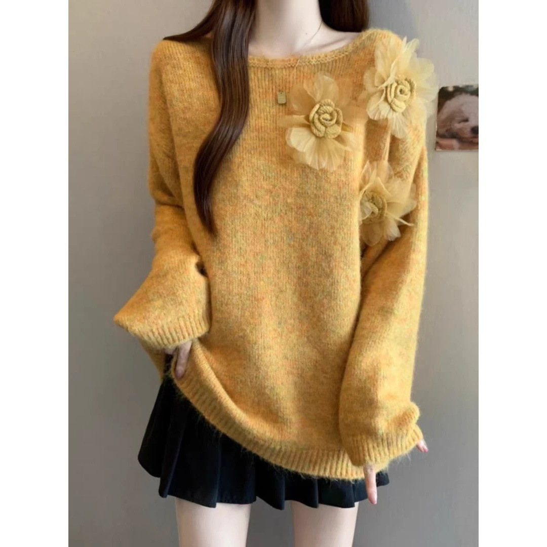 三朵花毛衣女针织长袖常规法式花朵毛针织衫紫色套头百搭上衣女