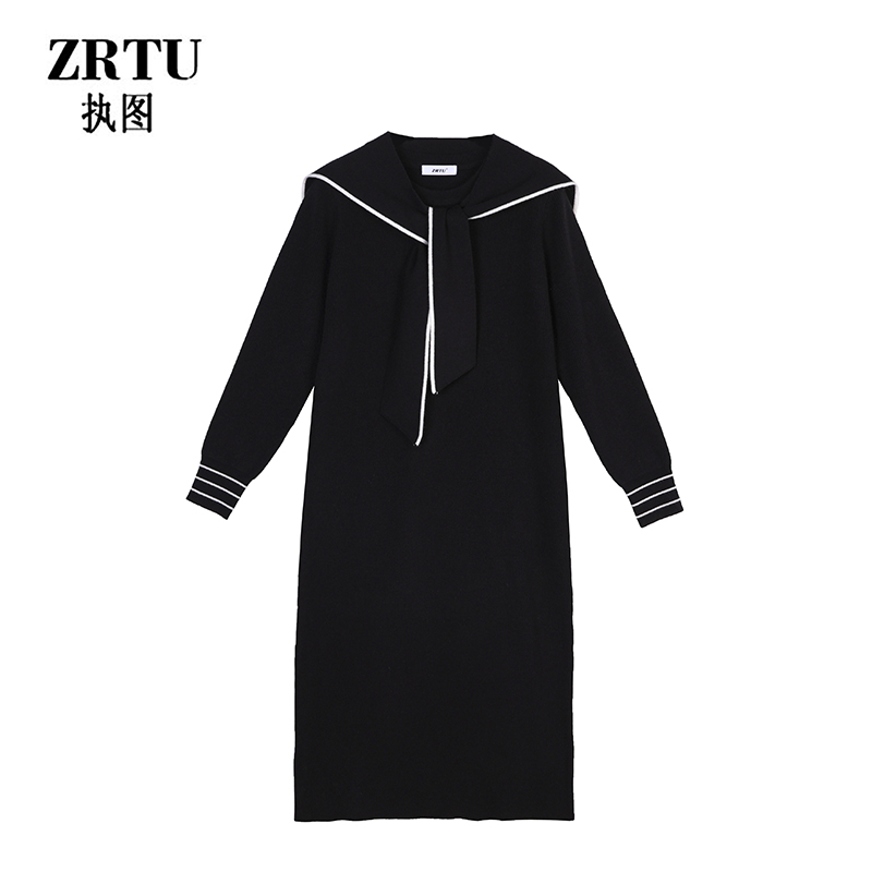 ZRTU/执图2025秋冬季新款显瘦气质时尚海军领撞色针织连衣裙长裙