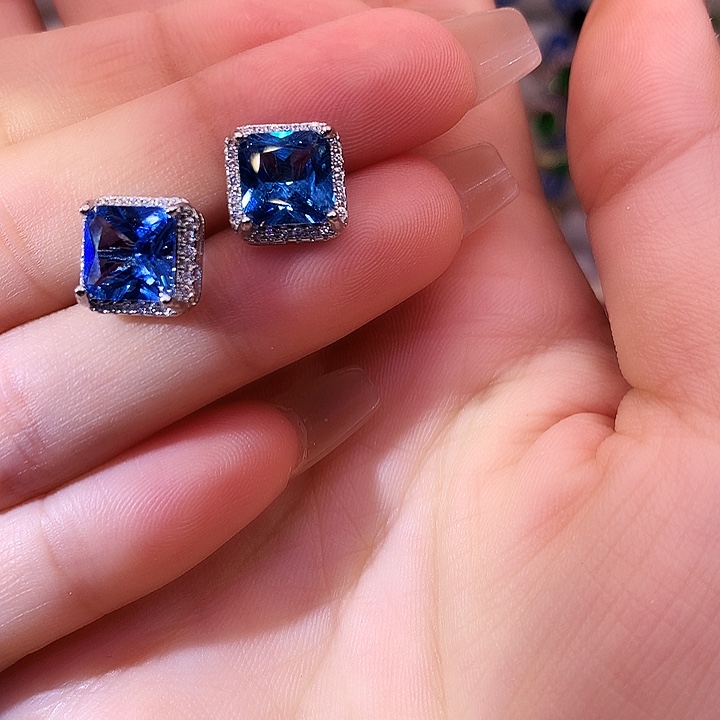 海蓝宝石耳坠银S925镶嵌深