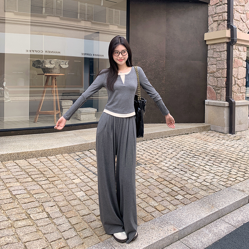 林关关【简风随型】撞色假两件长袖休闲套装