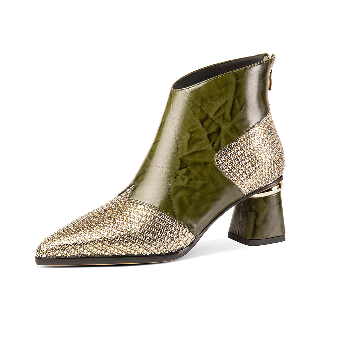 2025年新款欧美粗跟中跟侧拉链拼接及踝靴尖头短靴子女3032