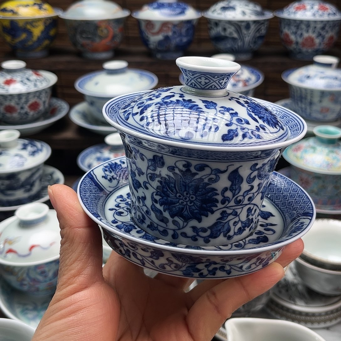 摆件陶景德镇陶瓷三才盖碗