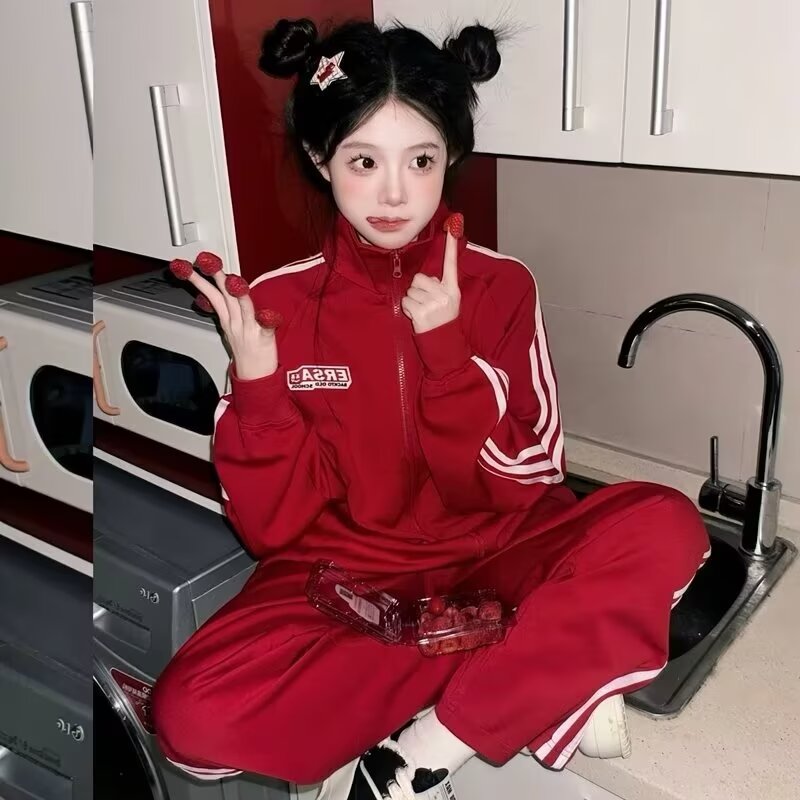 运动套装女春秋大码长袖休闲女套装开衫修身显瘦女运动服两件套潮