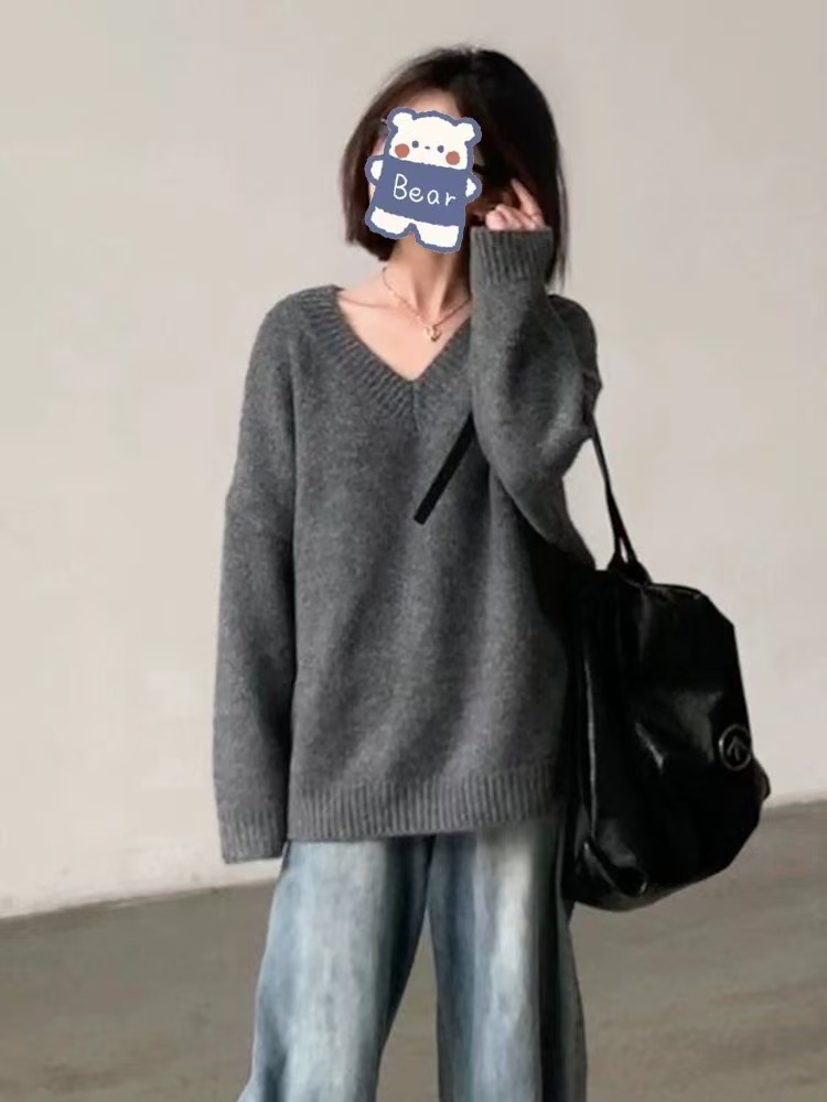 903新款V领女士宽松休闲针织衫上衣