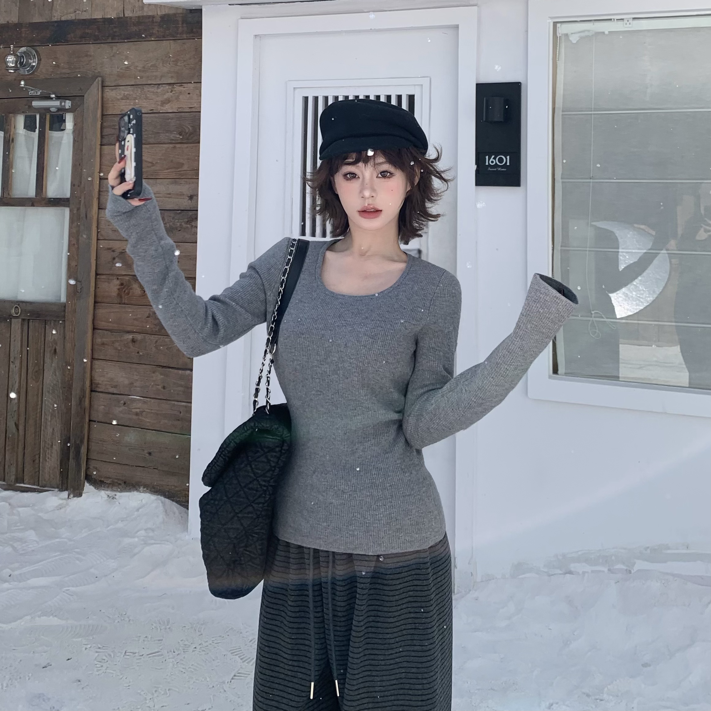 3MER  方圆领加绒百搭毛衣长袖打底T恤