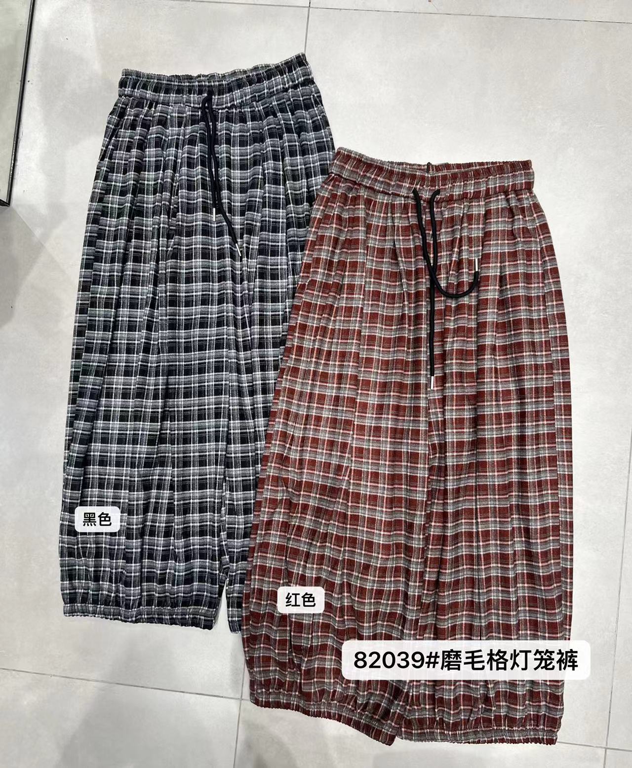 【OVERSIZE LIN】秋冬季百搭格子磨毛森系松紧腰休闲口袋灯笼裤