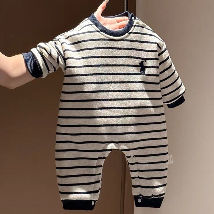 ins韩版婴儿爬服秋冬加绒宝宝连体衣哈衣纯棉保暖新生儿衣服条纹