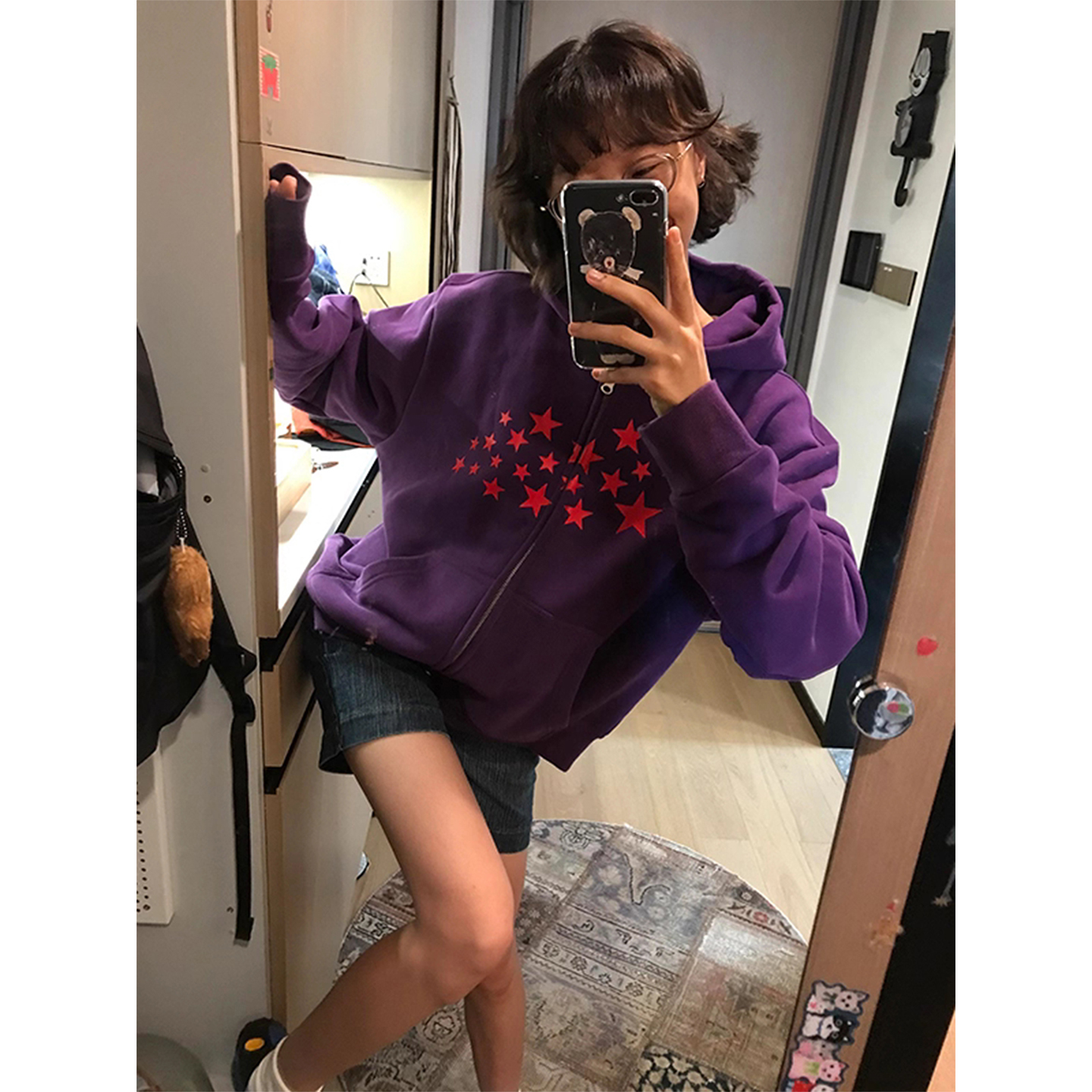 美式复古星星紫色印花连帽卫衣女秋冬宽松慵懒风加绒加厚开衫外套