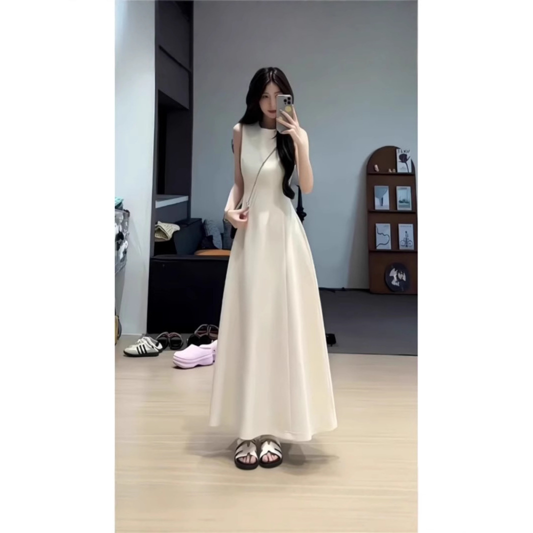 白色夏日绝美千金赫本风无袖掐腰连衣裙女白月光初恋长款小白裙子