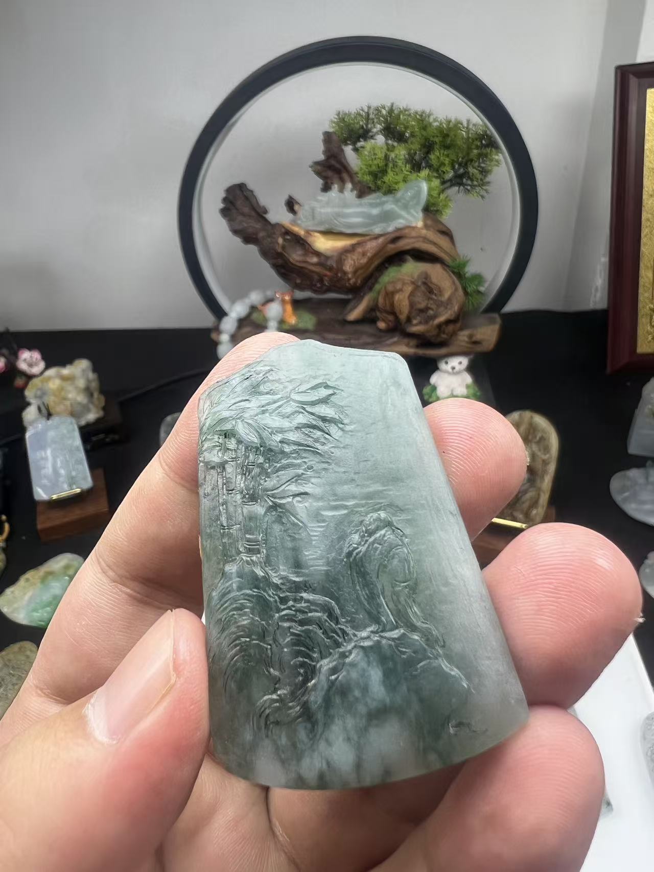 天然缅甸翡翠蓝绿底冰胶山水牌毛货买断需抛光尺寸54-35-6.5