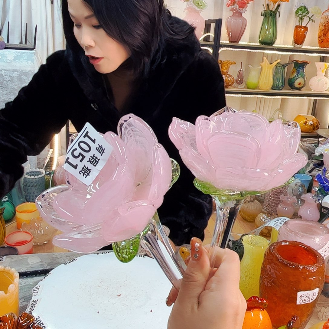 2朵荷花家悦美居琉璃摆件瑕疵