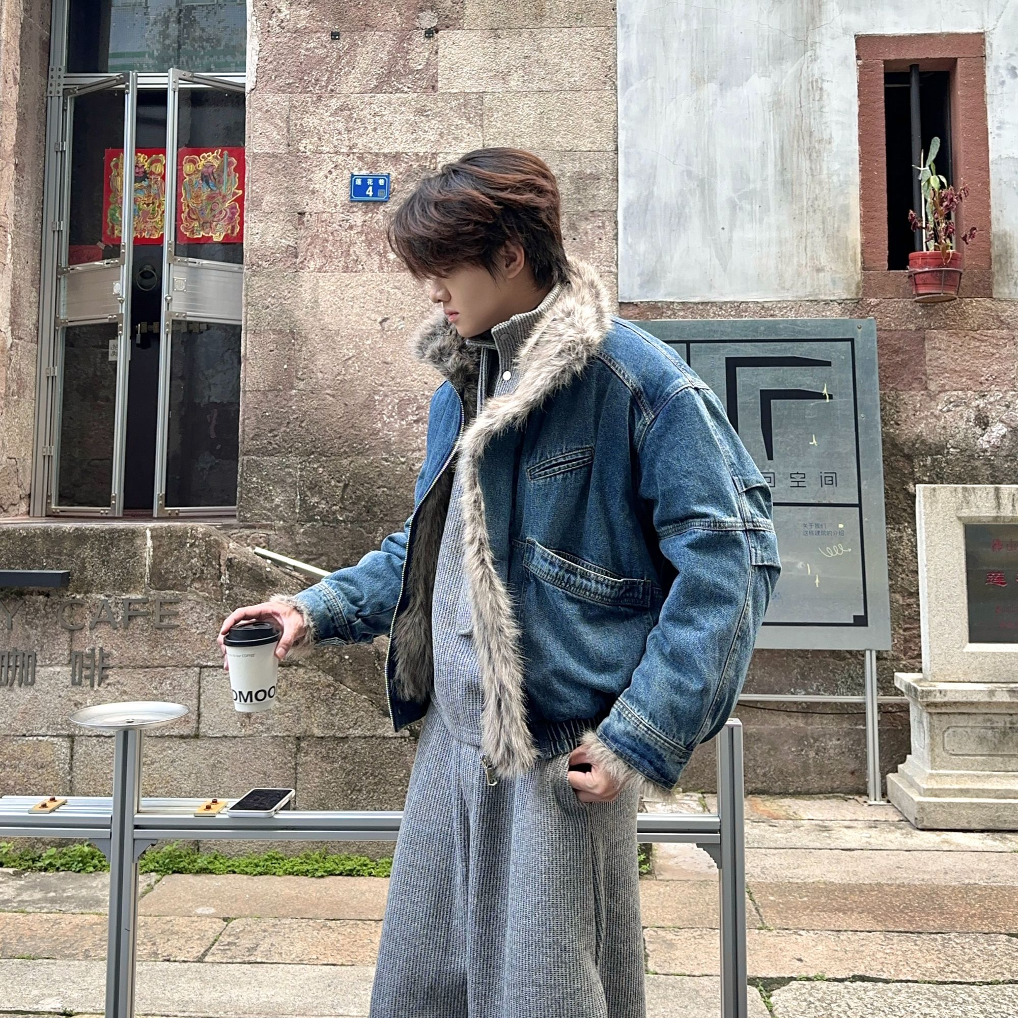 Woosine 立领加棉牛仔美式复古座山雕解构夹克时尚穿搭宽松外套男