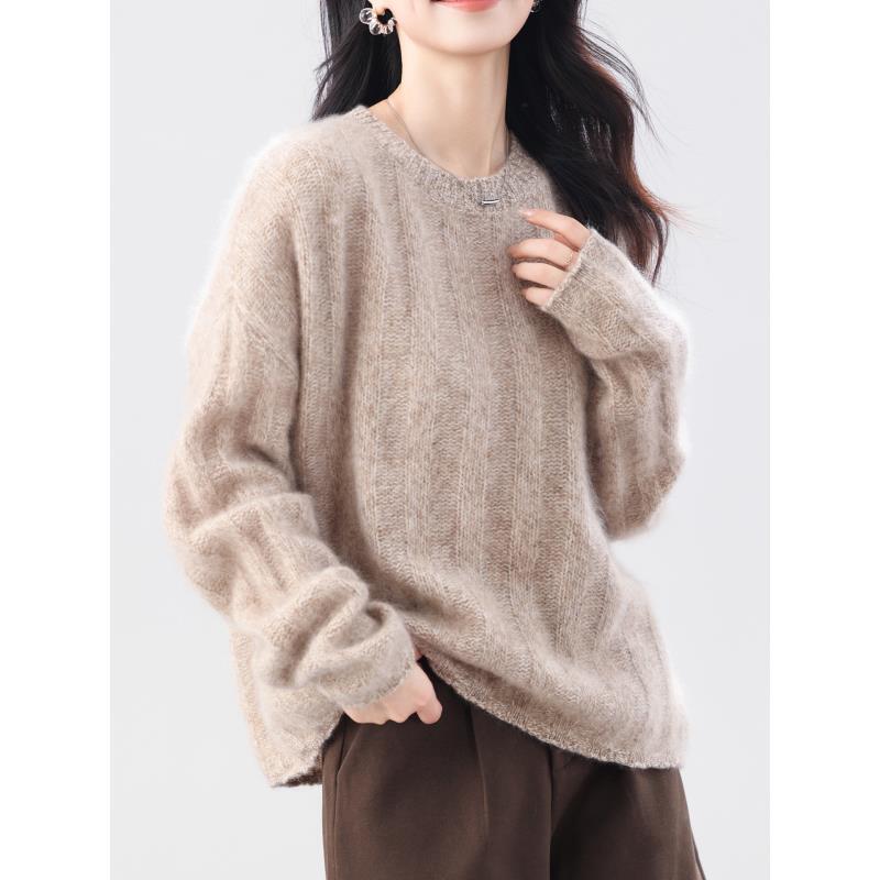 拉绒圆领坑条花纱羊绒羊毛上衣宽松ZM802