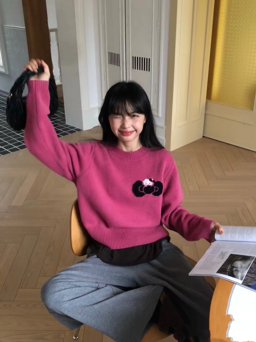 H.ONE巨显白KITTY蝴蝶结猫毛衣韩秋冬套头毛针织衫毛衣开衫外套女