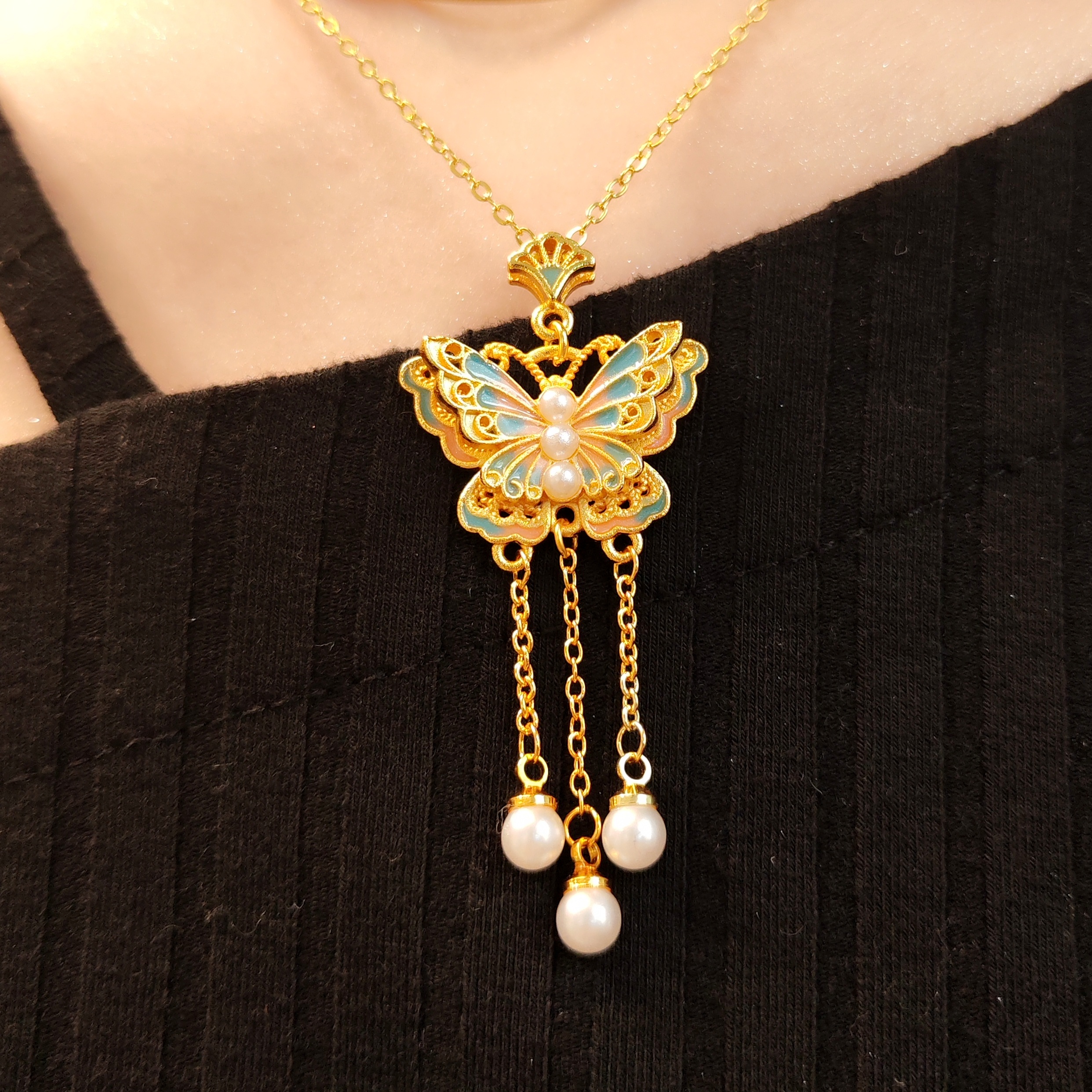 铜合金项链 流苏立体蝴蝶 镀K金 时尚项链007