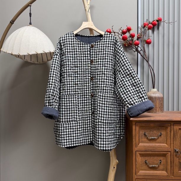 85058经典黑白格子百搭夹棉棉衣外套（衣长75胸围130）