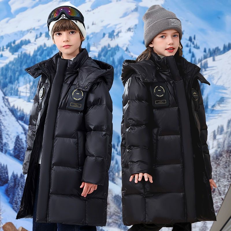 2025长款羽绒服男童女童洋气时尚保暖中大童帽子可拆加厚童装