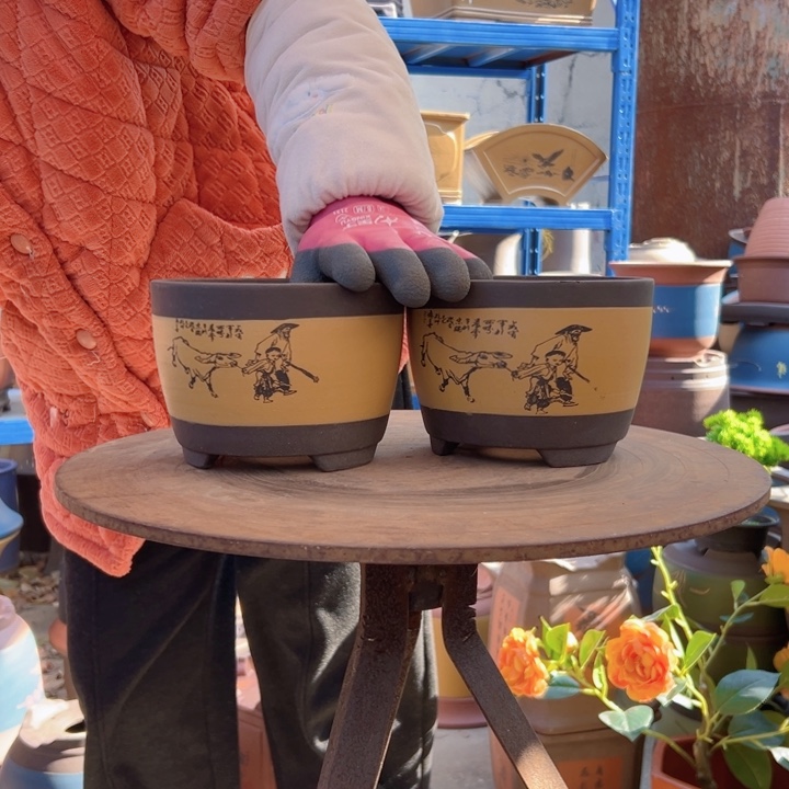 黄放牛娃笔筒16+16花盆花盆