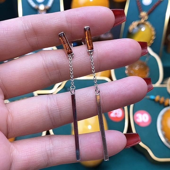 琥珀（花珀）耳饰银S925镶嵌