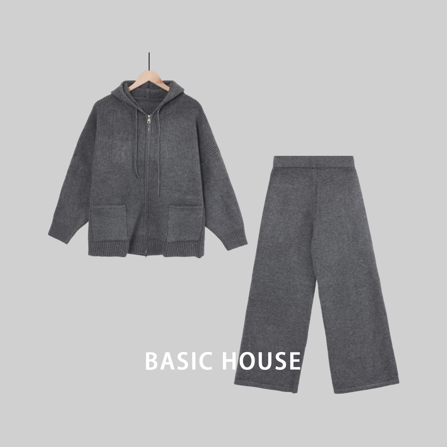 Basic House/百家好JH秋冬休闲连帽针织外套百搭长裤套装B5HO52