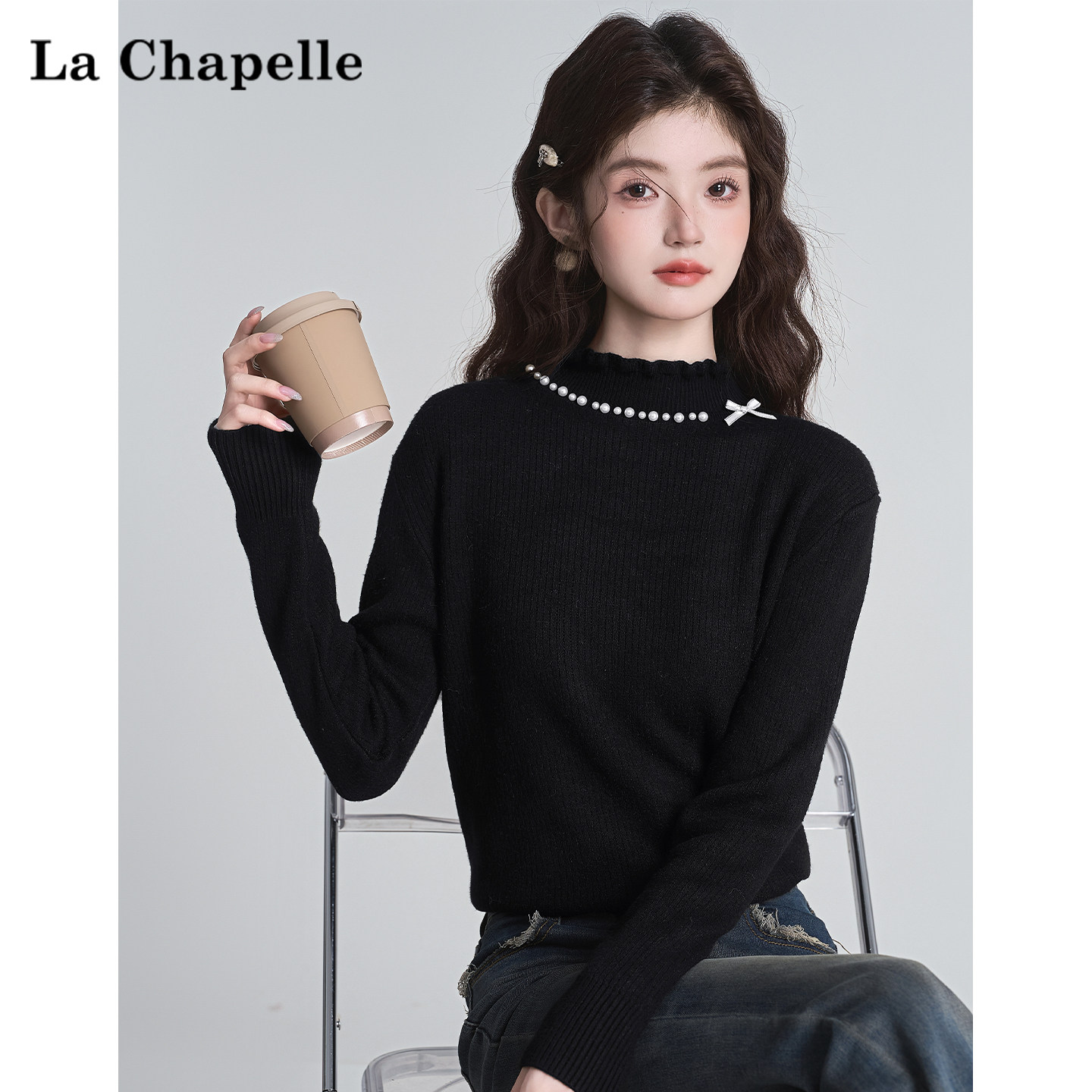 拉夏贝尔加绒黑色钉珠毛衣女冬季2025新款宽松打底针织衫内搭上衣