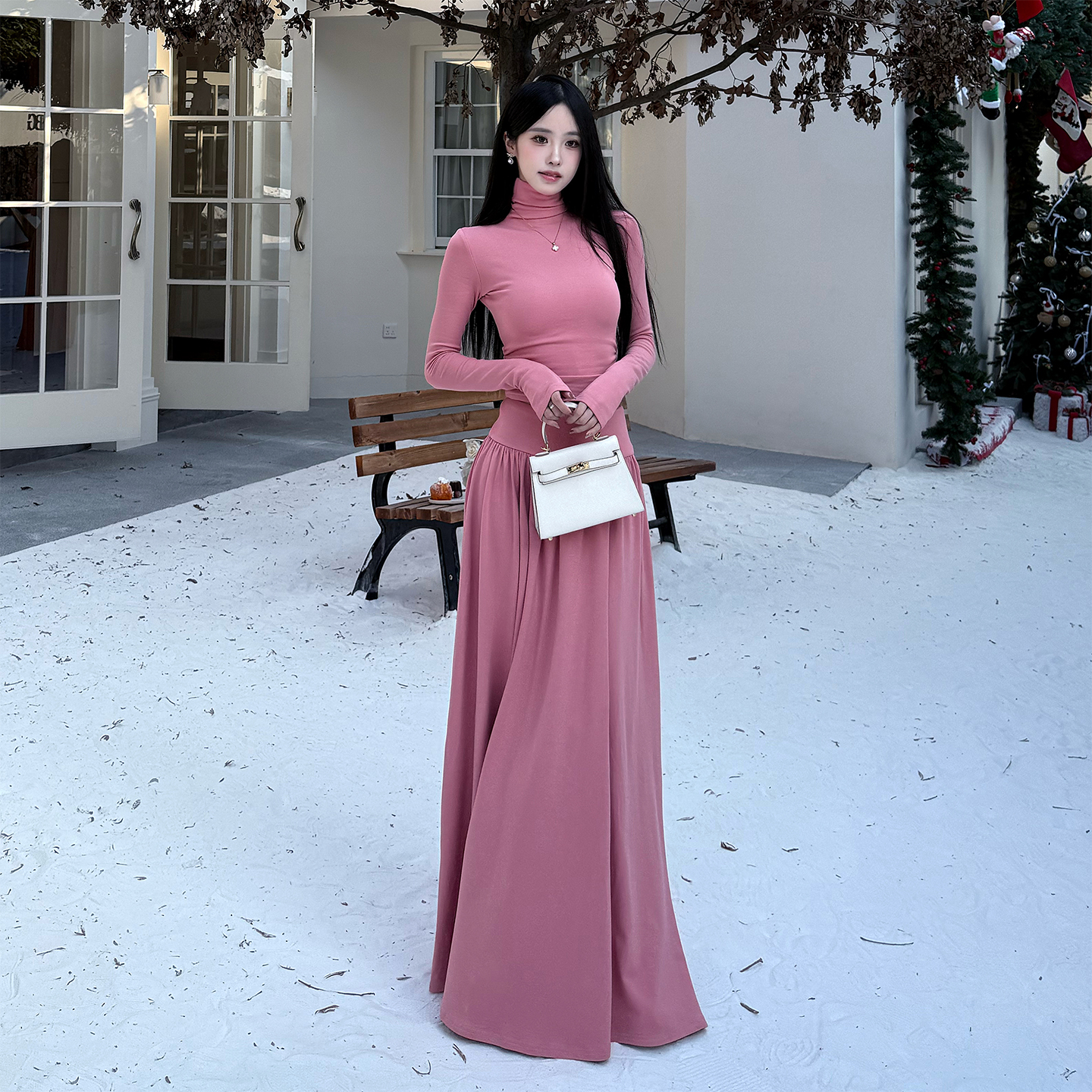 TITI 冬时尚套装长袖高领上衣露腰搭褶皱高腰半身裙A字裙两件套女