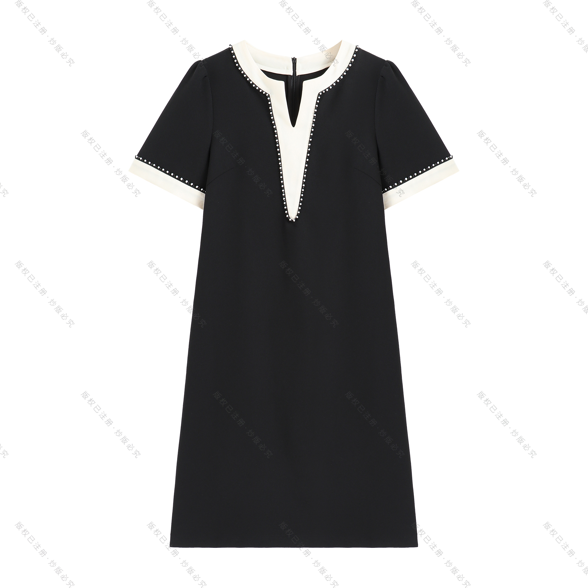 【南油虹姐】2025新款小香风拼接V领钉珠短袖小A连衣裙小黑裙
