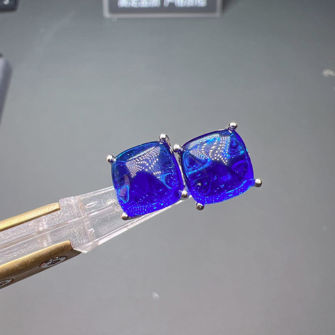 专柜正品 克什米尔蓝宝石浓郁色宝石蓝轻奢风耳饰065