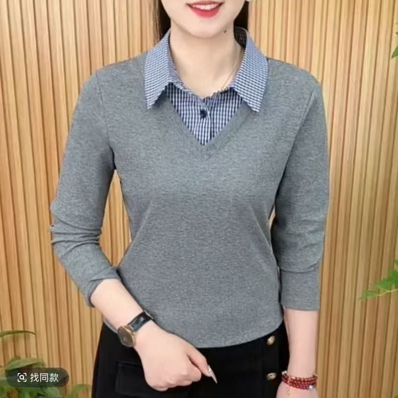 减龄遮肉poloT恤衬衫领长袖ol春秋显瘦拼接条纹秋冬