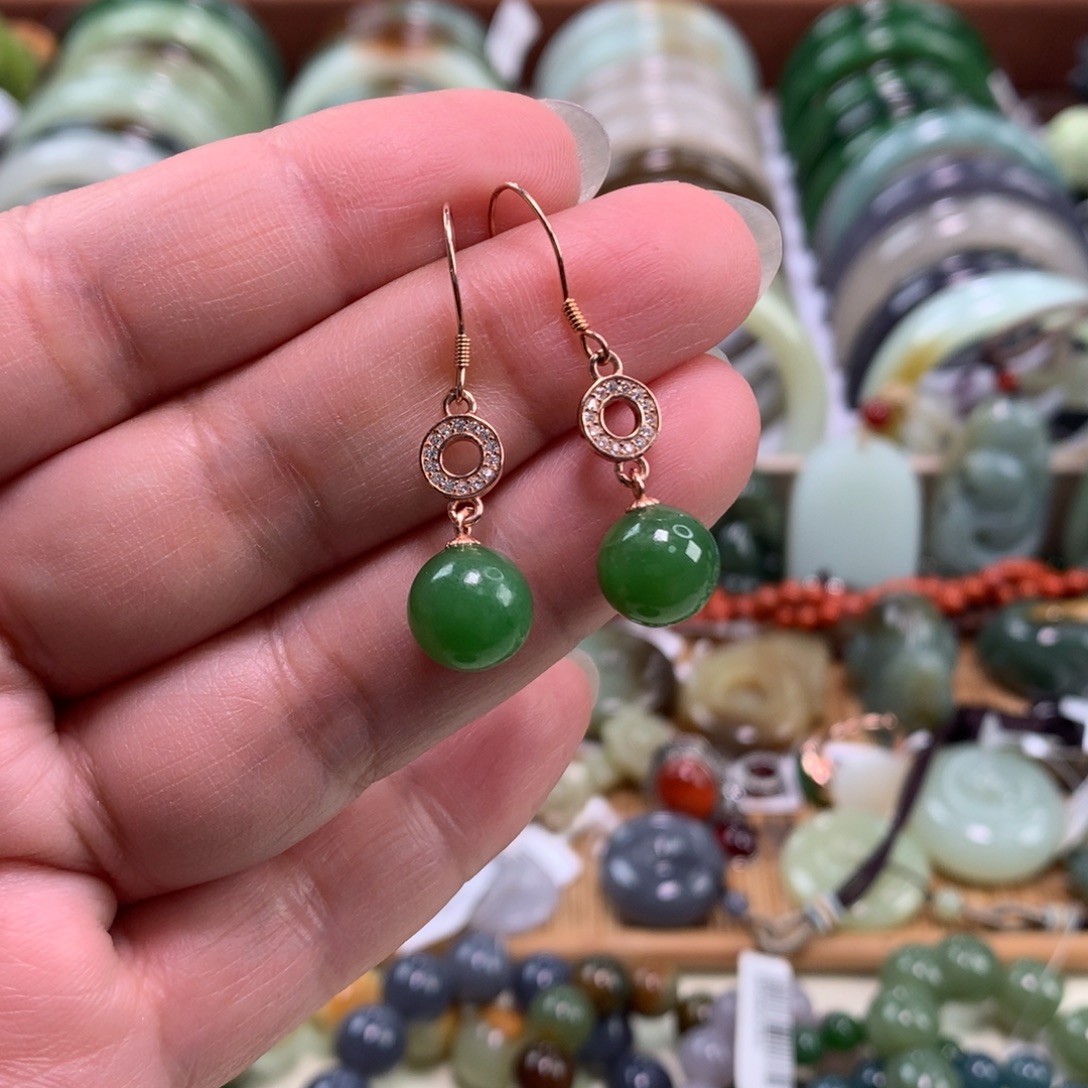 和田玉（碧玉）银S925镶嵌耳饰