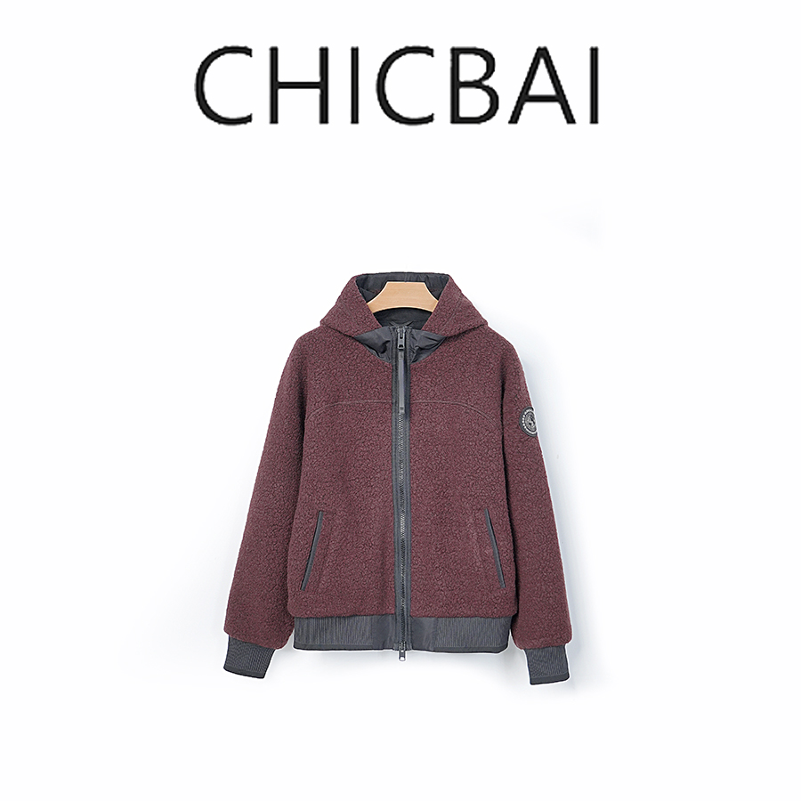 CHICBAI 包裹感廓形绵羊毛混纺连帽外套 高密罗纹收口拒风锁温