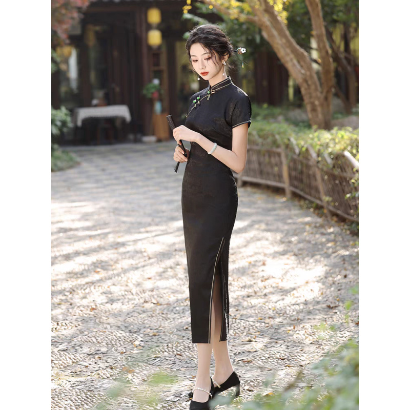 2025新款旗袍A01黑龟列纹旗袍花罗XMFM-5XL天丝滑缎修身双面绉扎