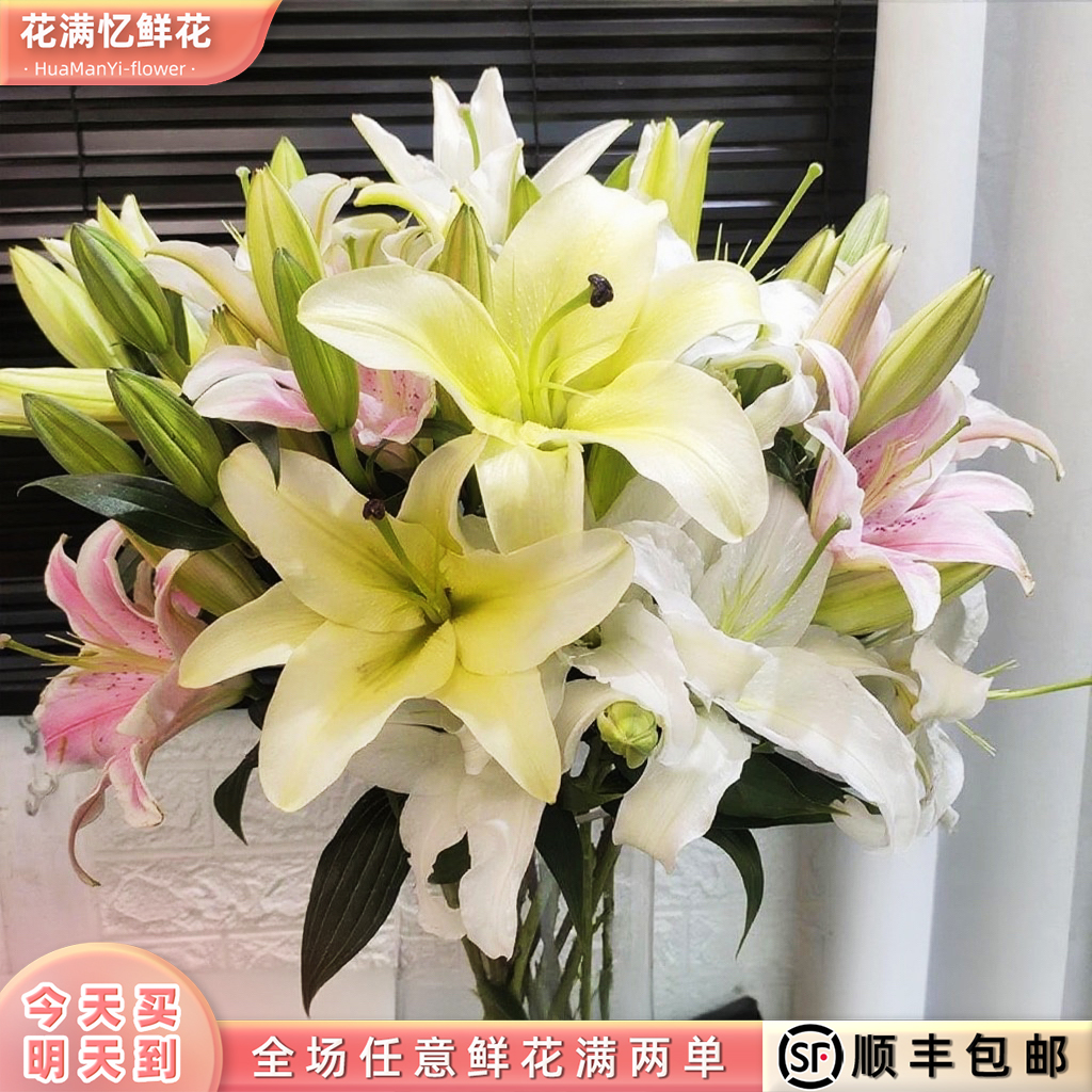 次日达 -【五彩香水百合】混色百合6-8朵鲜花鲜切花家居任意两单顺丰包邮三单送随机花瓶今天拍明天到