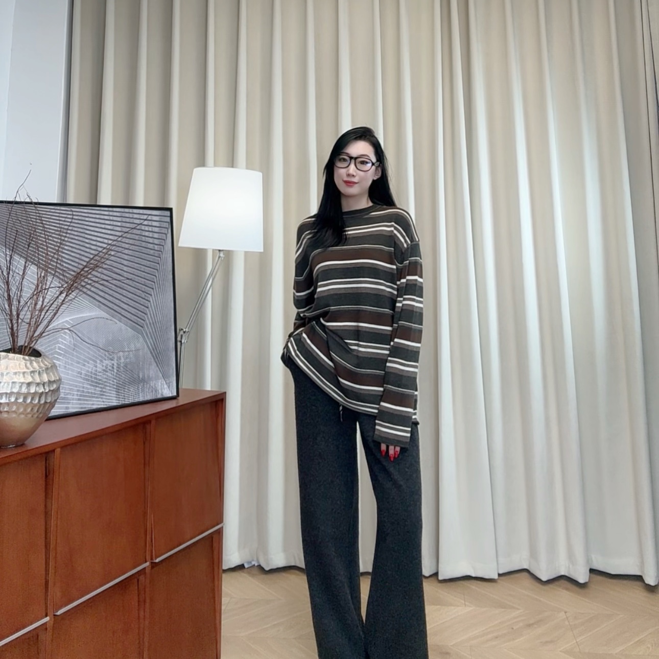 【若若美】N-9160复古撞色羊毛条纹长袖针织衫宽松圆领拼色百搭上衣