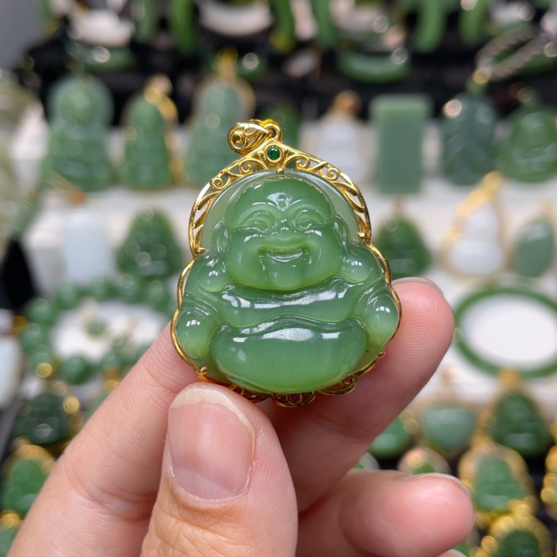 和田玉（碧玉）18K金镶嵌吊坠(不含链)