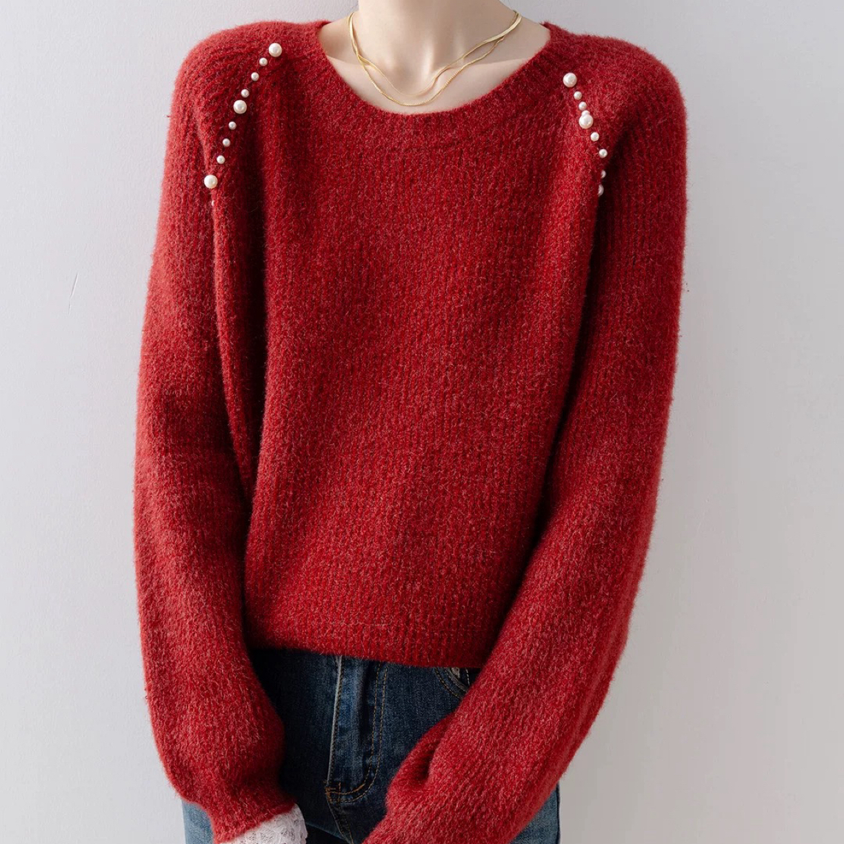 新款圆领减龄甜美蕾丝珍珠可爱宽松韩版洋气毛衣长袖上衣