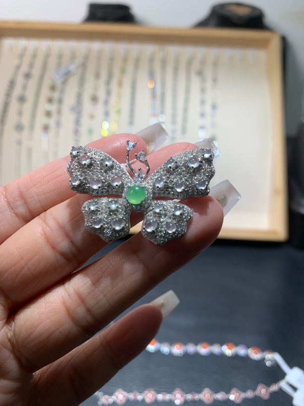 蝴蝶胸针两用款天然缅甸A货 国标s925银镶嵌