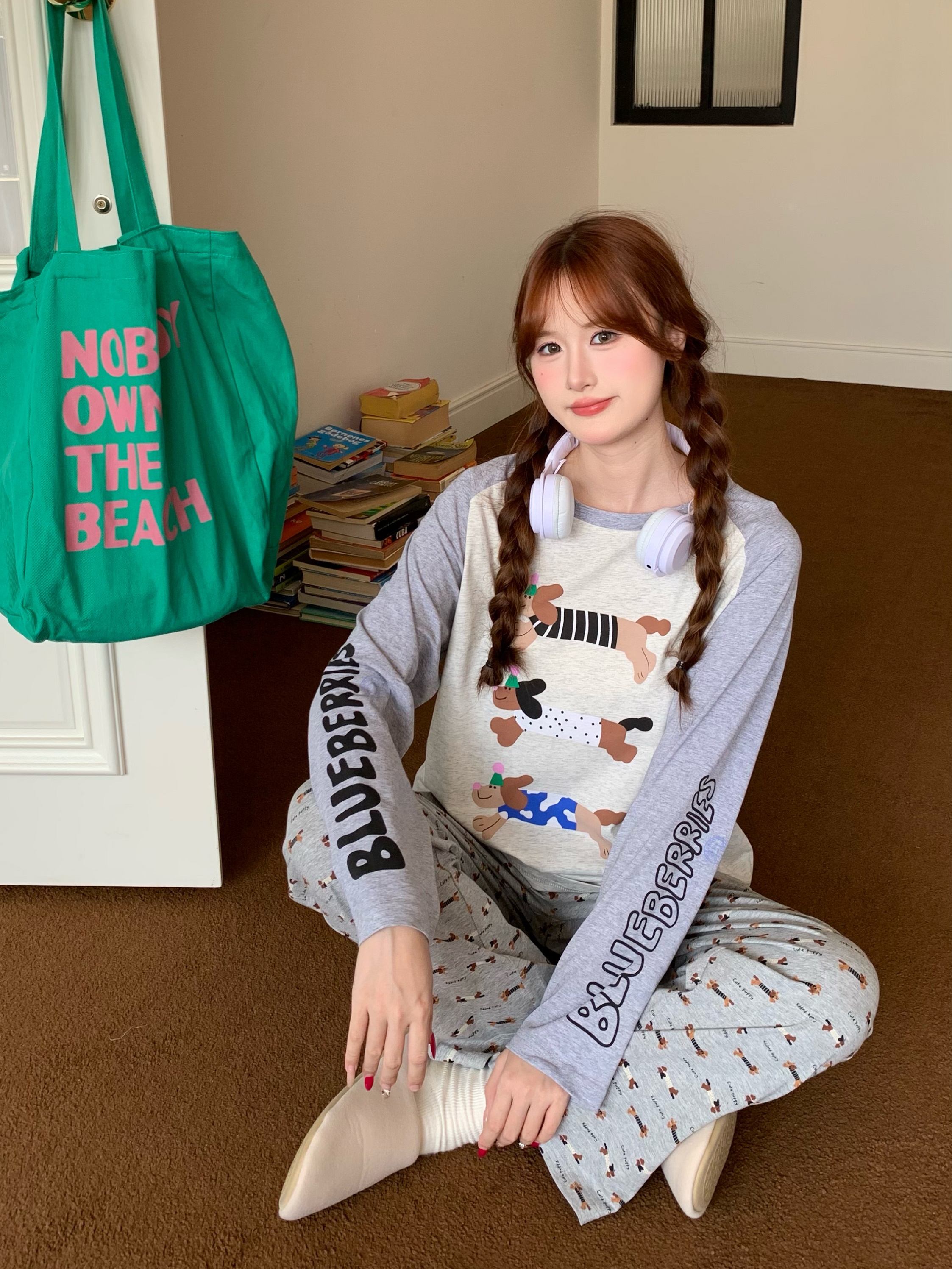 新款韩系卡通腊肠狗睡衣女纯棉宽松家居服套装
