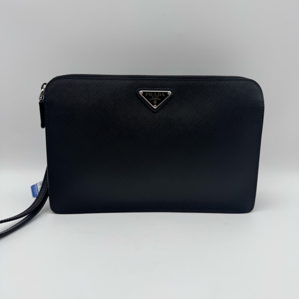 99新 Prada/普拉达 黑色十字纹手拿包/男士洗漱包牛皮2514