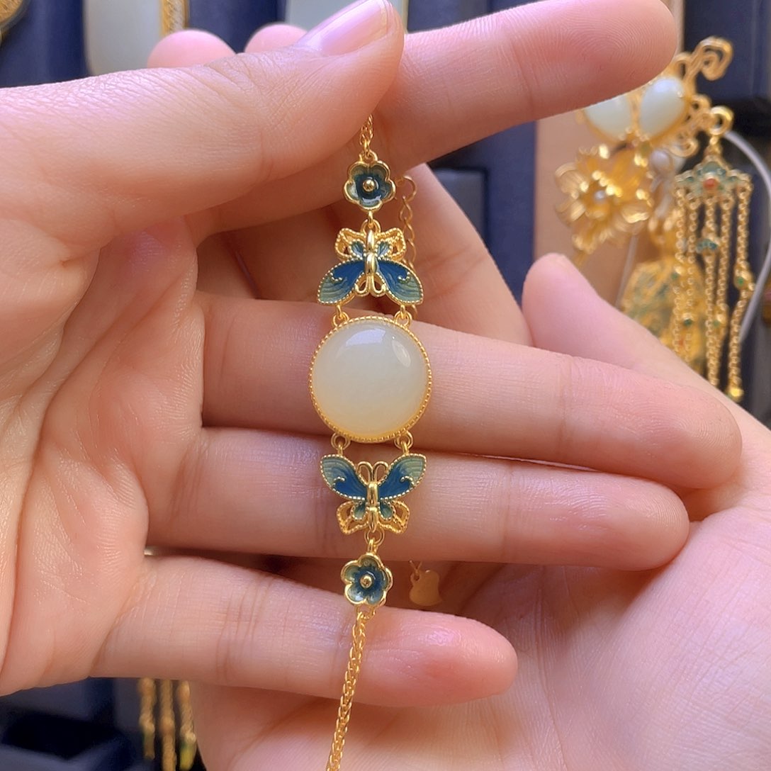 和田玉手链银S925镀金镶嵌