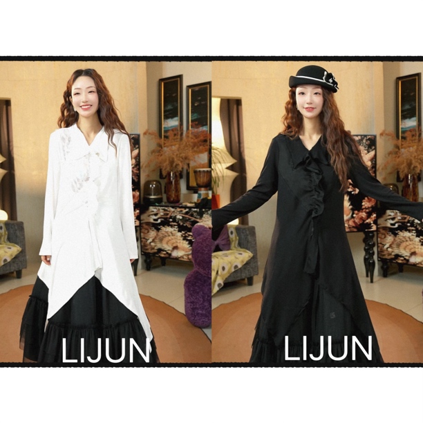 篱君2176四季百搭法式V领花边打底衫优雅不规则摆拼接长裙连衣裙