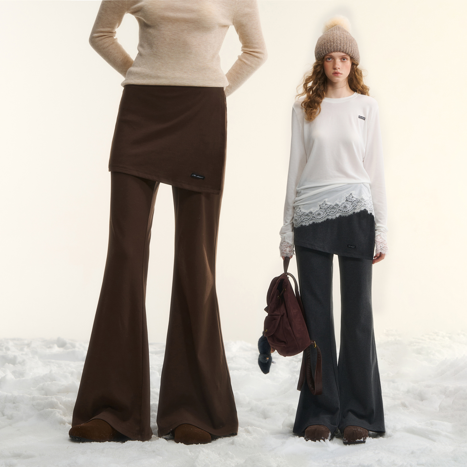 AsGony不规则假两件微喇加绒裤