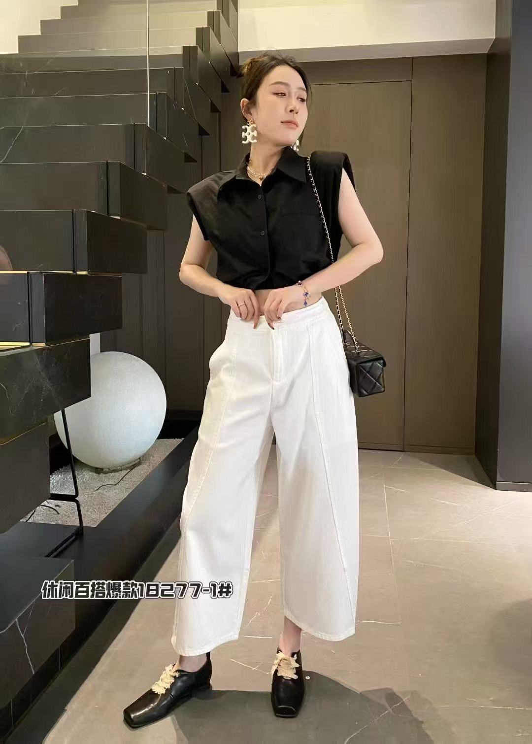 〔半松紧～八九分白色牛仔裤〕欧货新款高腰气球裤休闲直筒裤