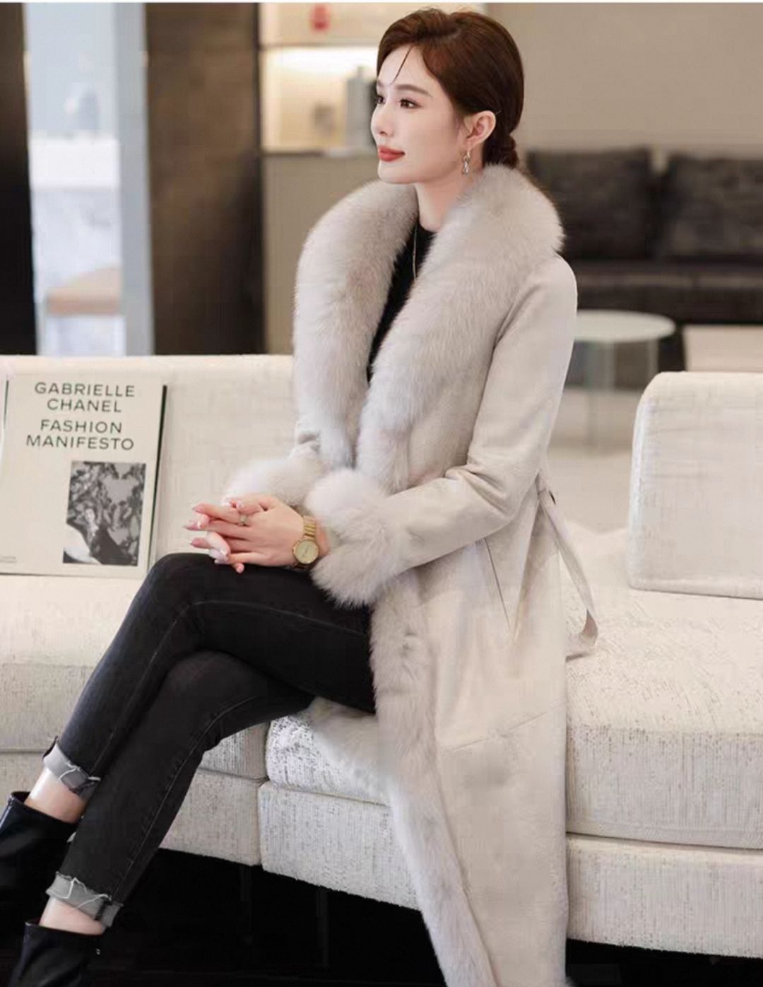 秋冬新款狐狸毛领皮草修身保暖气质长款兔皮毛一体长款皮草外套