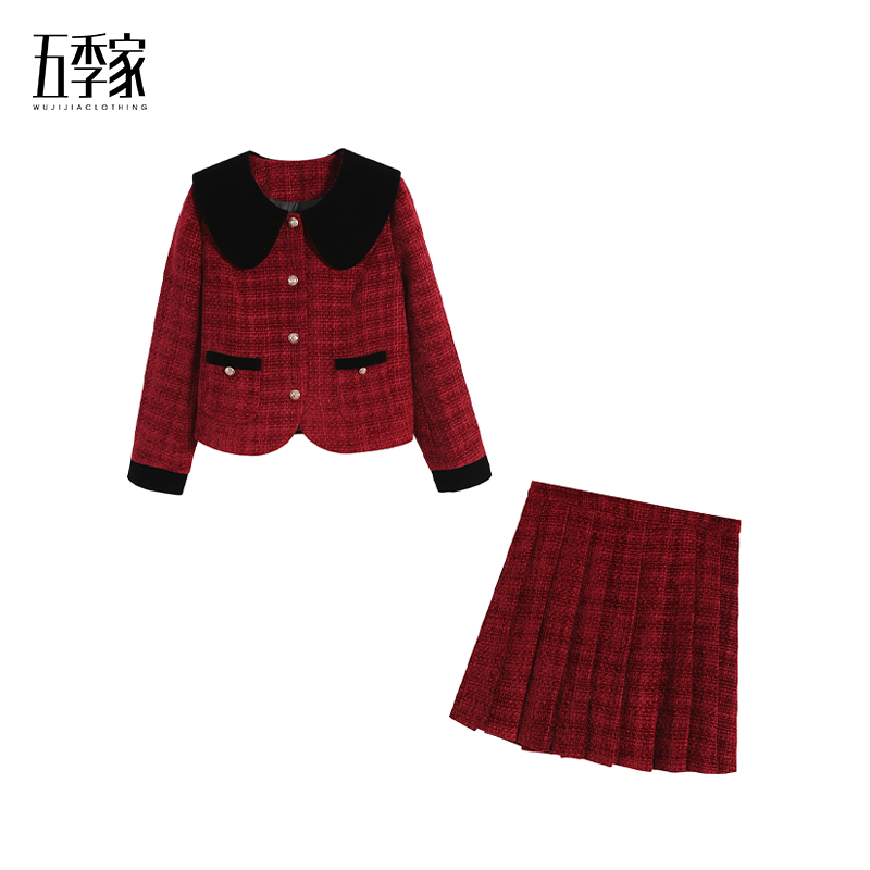 【五季家大码】冬季气质显瘦红色羽绒上衣+红色百褶裙套装ZL113620