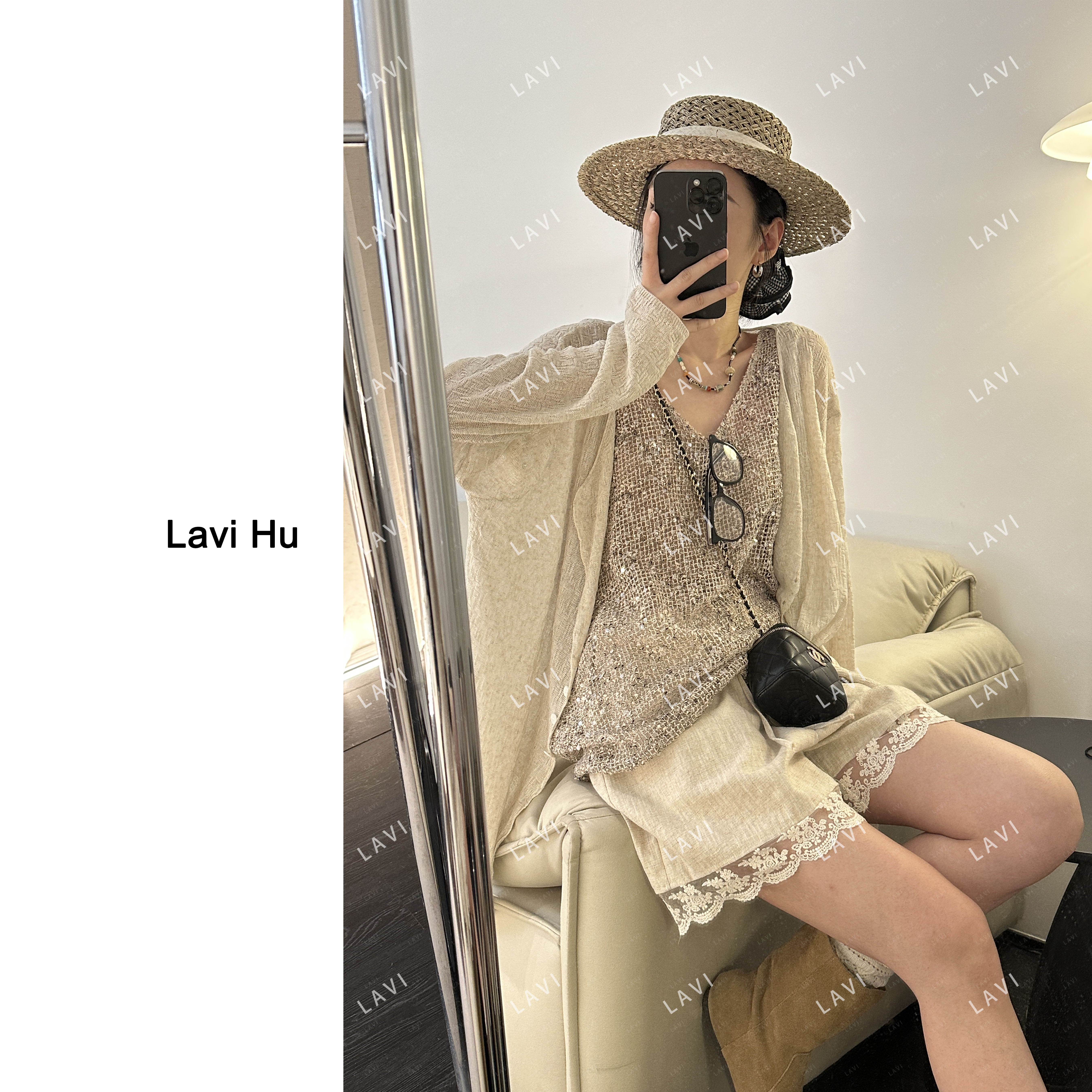 黑桃皇后 亚麻+莱赛尔 时尚百搭针织设计师款镂空开衫W3616