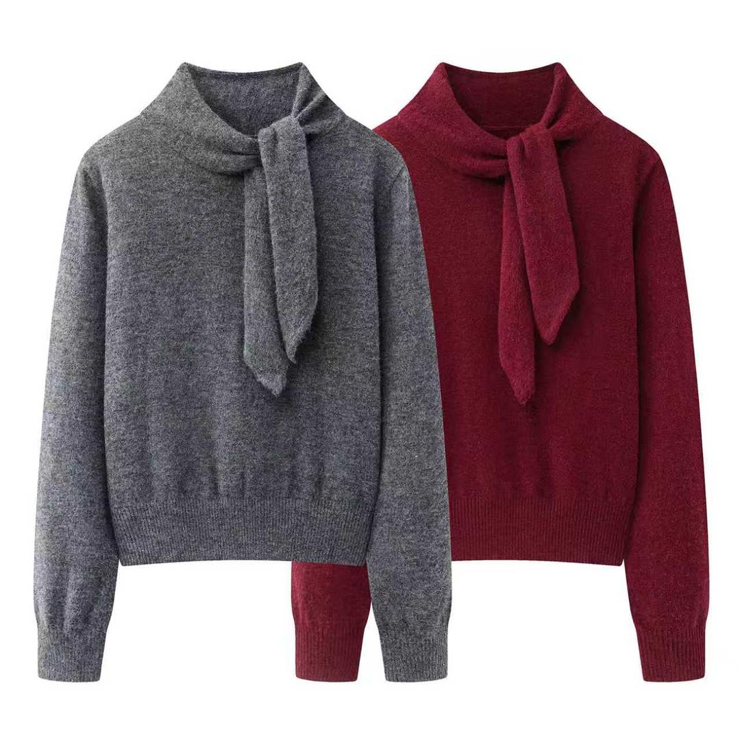 迪k家商场同款2025秋冬新款时尚百搭飘带领结针织衫毛衣上衣7136